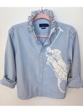 Upcycled Ralph Lauren Light Blue Button-Down with White Polo Player Graphic